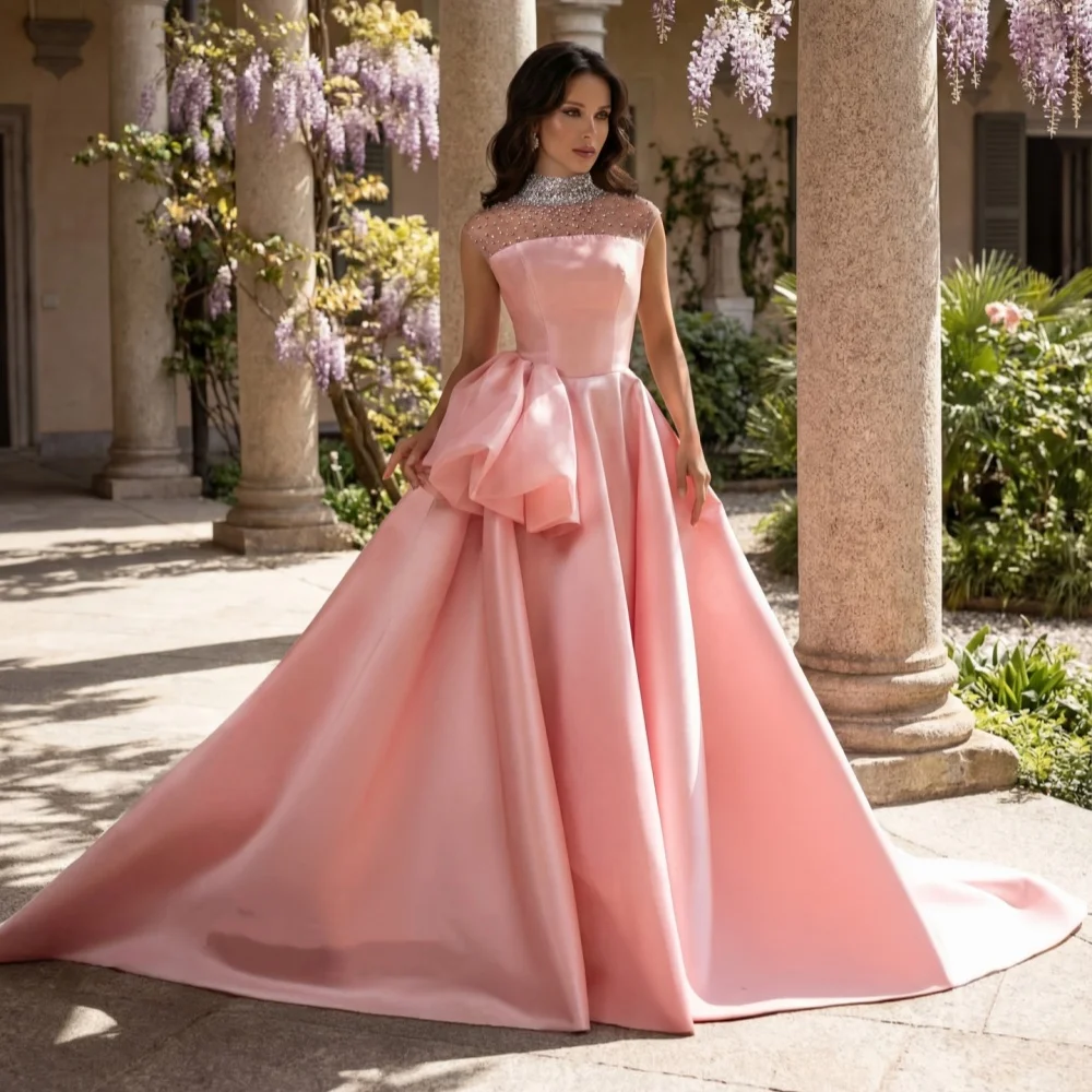 Robes de soirée formelles personnalisées, robes de bal en cristal Charmeuse de haute qualité, Style moderne, sans manches, ligne a, longueur au sol