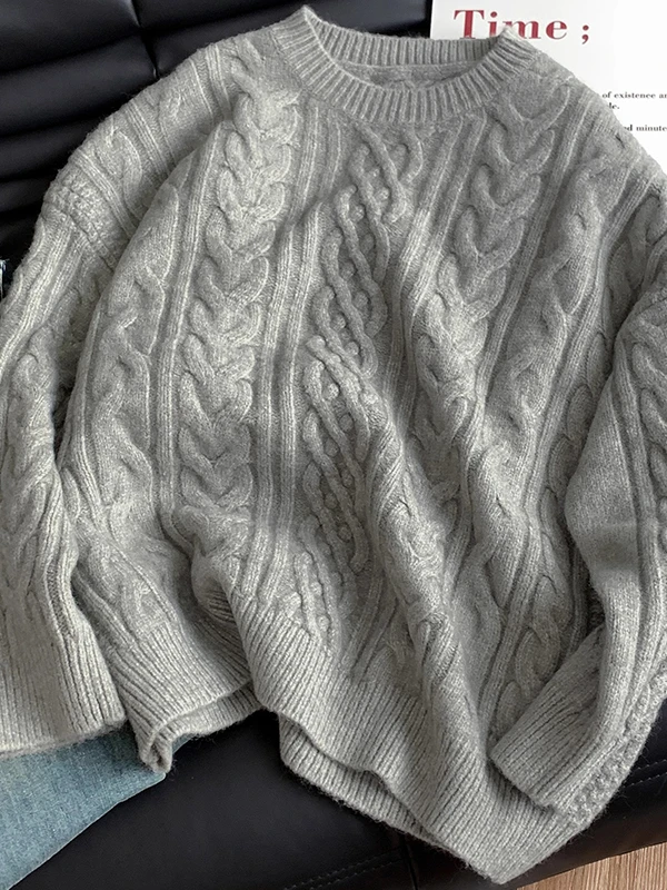 Thiened Loose Women's Knitted Sweater Autumn Winter Inner Wear round Ne Twisted Hair Sle Base Top for Small Figures