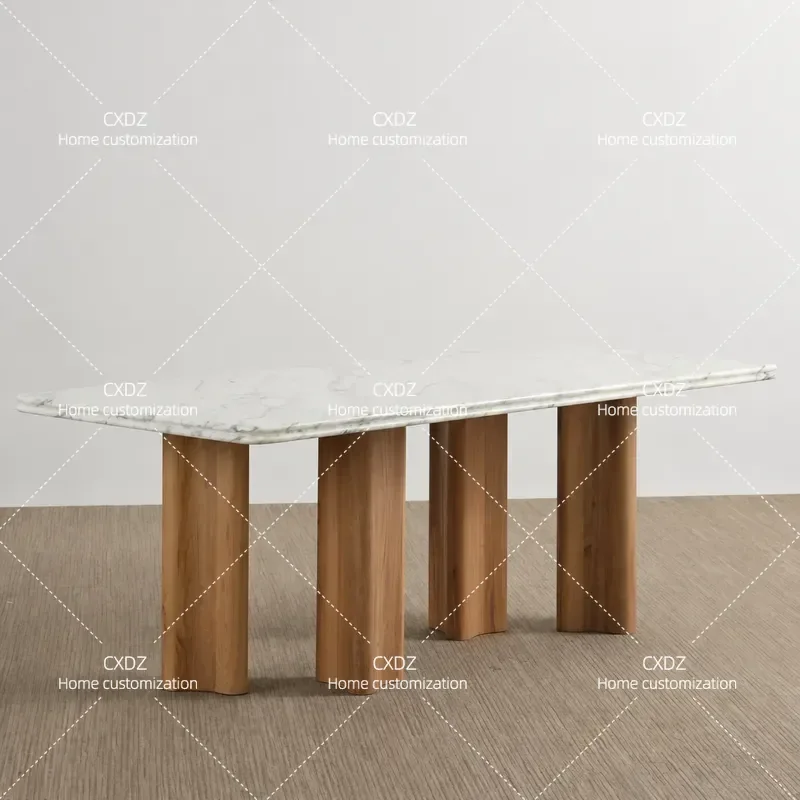 Natural Marble Rectangular Dining Table with Solid Wood Legs Light Luxury Style Customizable Home Furniture