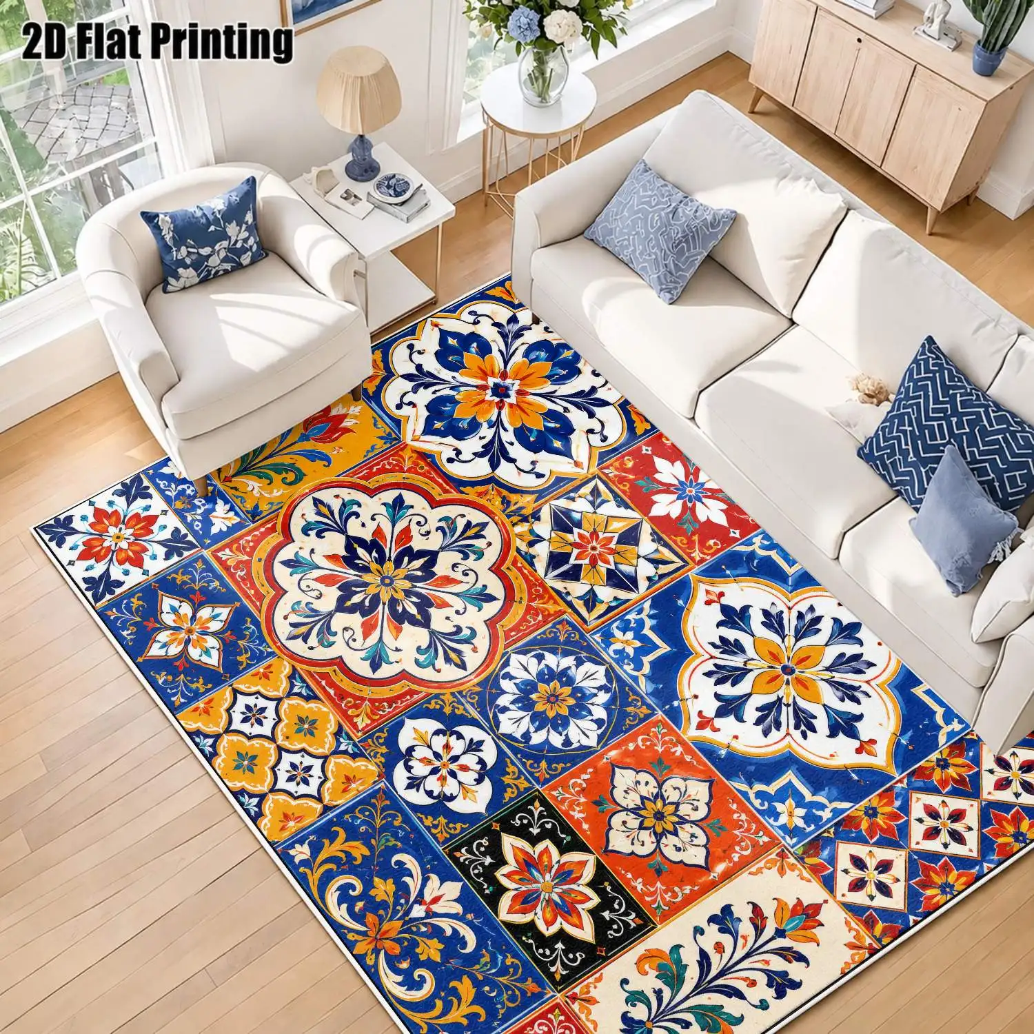 1Pc 2D Printed Colorful Floral European Vintage Geometric Bohemian Velvet Carpet, Machine Washable, Multi-Size Home Decor Rug for Entrance, Dining, Foyer, Living Room, Bedroom