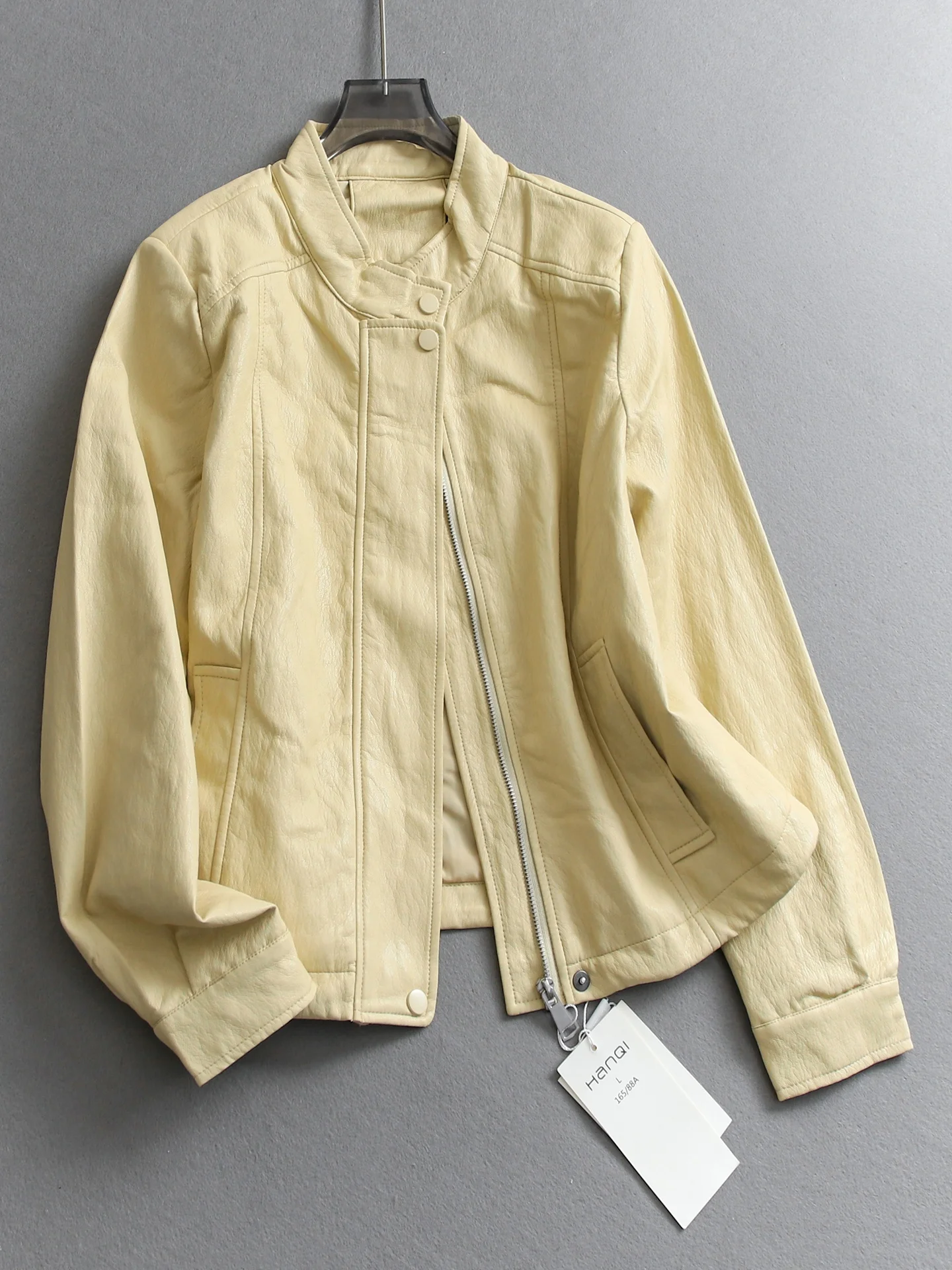 Korean Style Soft Protein Leather Loose Slim Fit Long Sleeve Spring New Casual Stand Collar Jacket Women's Leather Coat