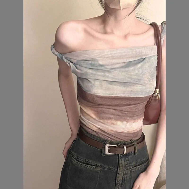 Irregular Net Strap Dyed Off-Shoulder Top for Women, Summer American Print Vest, Fashionable Versatile Sexy Fitted Short Style