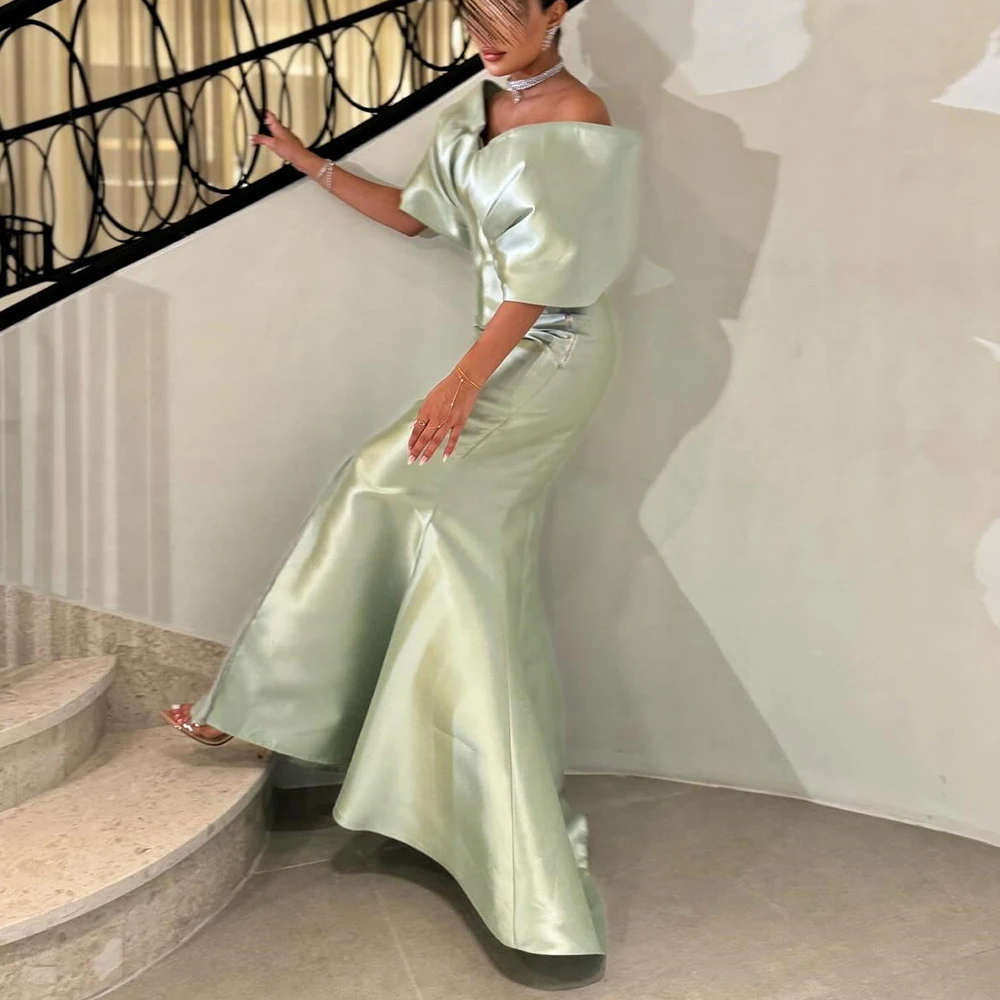 Customized Satin Mermaid Off the Shoulder Evening Dress V-Neck Half Sleeves Side Slit Floor Length Panel Train Exquisite