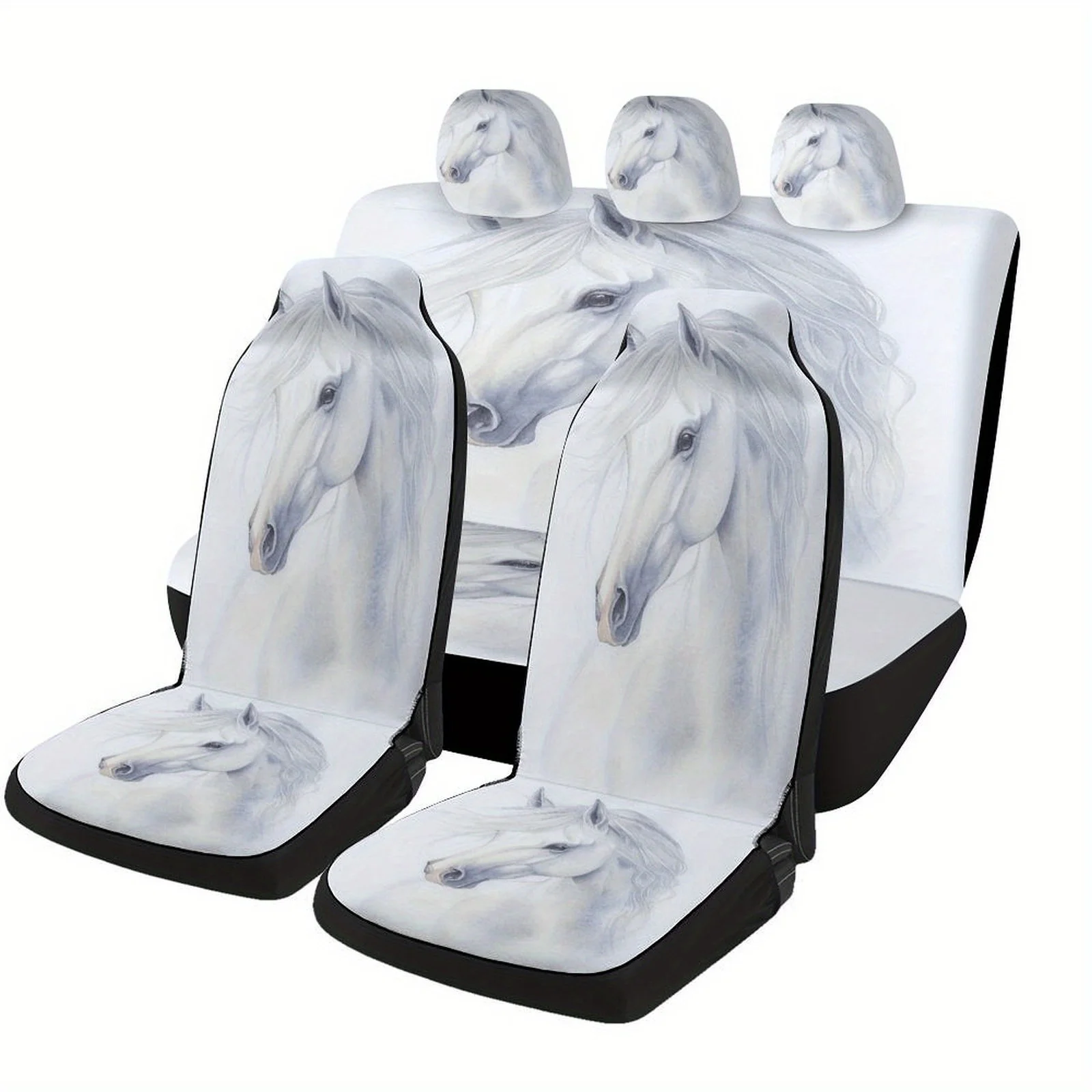 White Horse Portrait Car Seat Cover Set - Stylish Polyester, Machine Washable, Fits Most Cars, Includes 2 Front & Rear Seat Prot