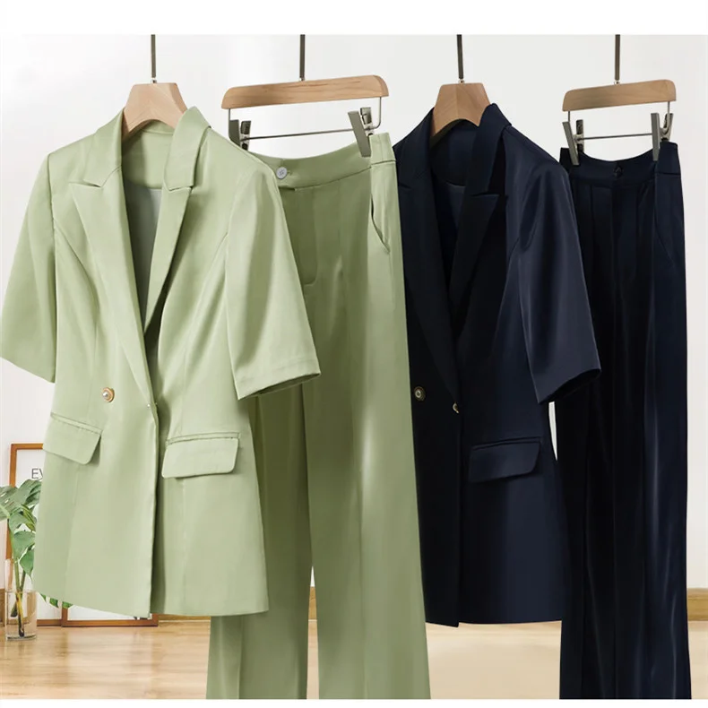 Luxury High Quality Wide Leg Pants Suits Women Summer Short Sleeve Blazer Top Long Trousers Clothes 2 Piece Set Office Lady Wear