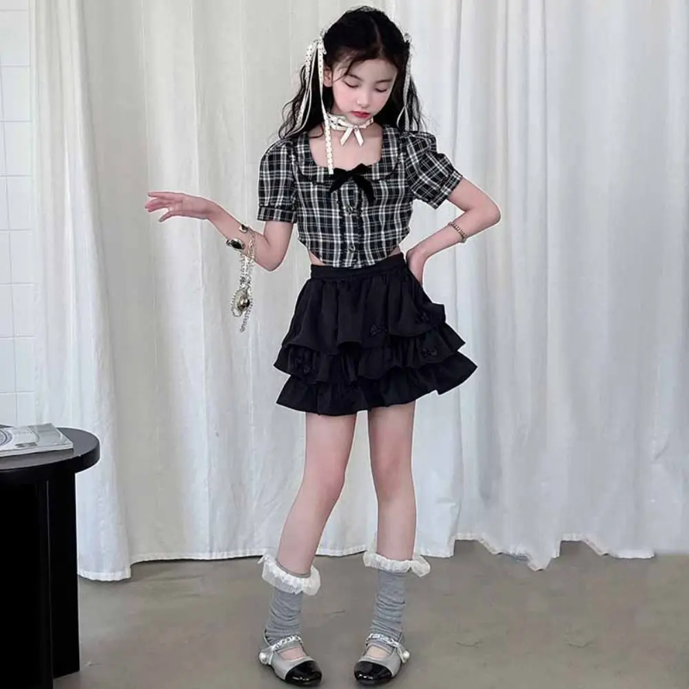 

Cake Dress Sweet Girls Wear Suit Teens Party T-shirt Plaid Skirt Set Preppy Style Costume Short Sleeve Children Summer Clothes