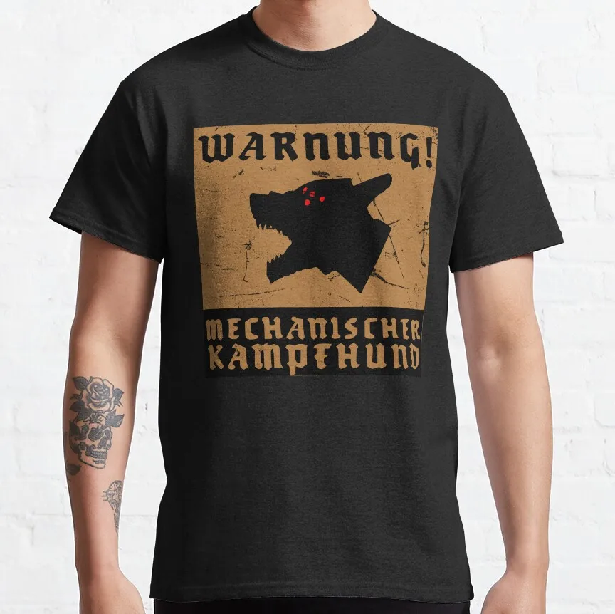 

Vintage War Game Wolfenstein Kampfhund Mechanischer Kampfund Warning Sign Video game t shirt Retro gaming printed plus size tee