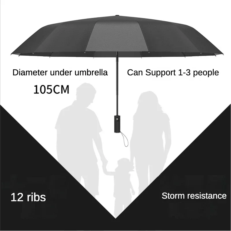 12 Ribs Strom Reinforced Automatic Large Folding Umbrella Waterproof Windproof Strong Sunny and Rainy Big Umbrellas for Men