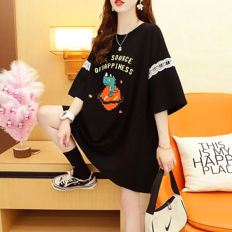 Korean Aesthetic Clothes Midi Women\'s T-shirt for Summer T Shirt Casual Pulovers Tops Black Fashion Graphic Loose Short Sleeve