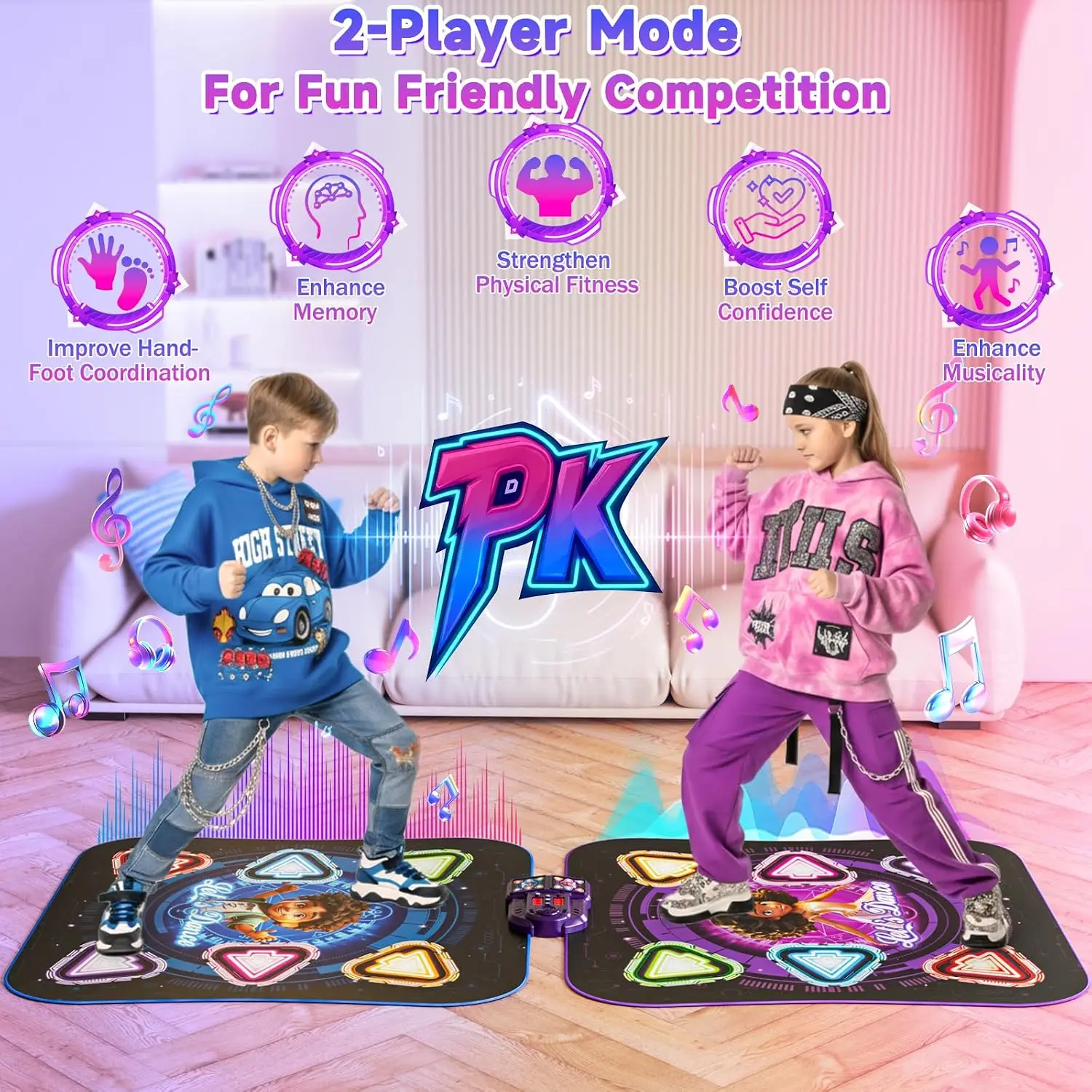 Double Dance Mat for Kids, Light-up 12-Button Single & Double Players Mode