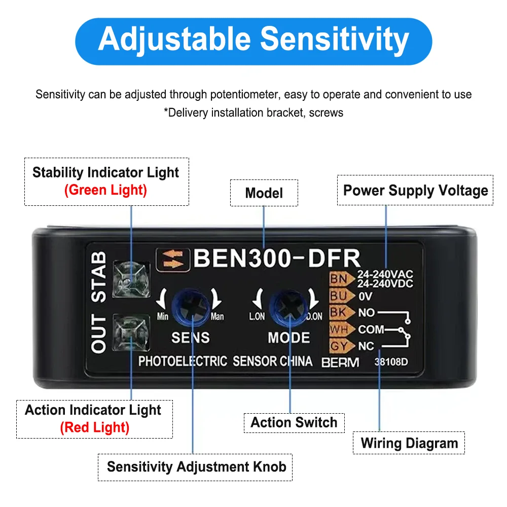 Cloweit 30cm 50cm 70cm 5m 10m Diffuse Retro-Reflective Through Beam Photo Sensor BEN300-DFR BEN5M-MFR BEN10M-TFR