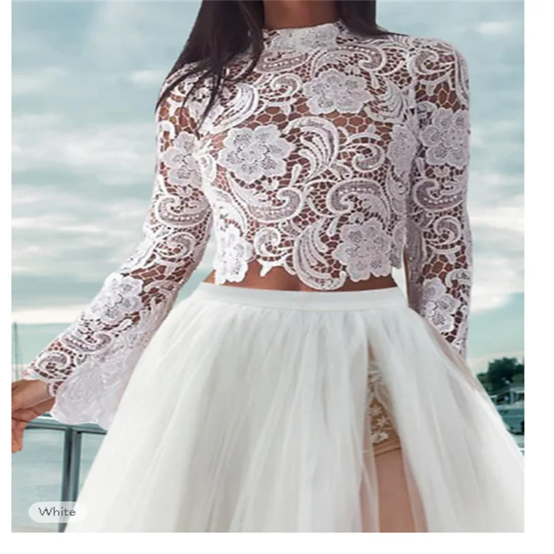 Boho-Hochzeitskleider, Strandhochzeit, getrennt, Stehkragen, lange Ärmel, getrennt Spitze, Brautoberteile, Brautkleider mit Applikationen