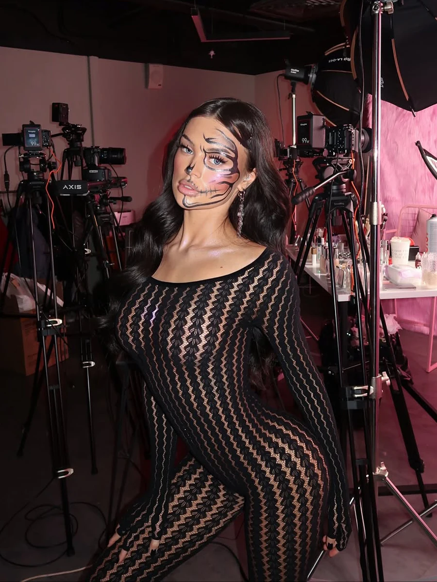 KKX Sexy épicé rayure broderie moi évider u-ne mince longue Sve combinaison pantalons longs rue Sle jambe droite combinaison