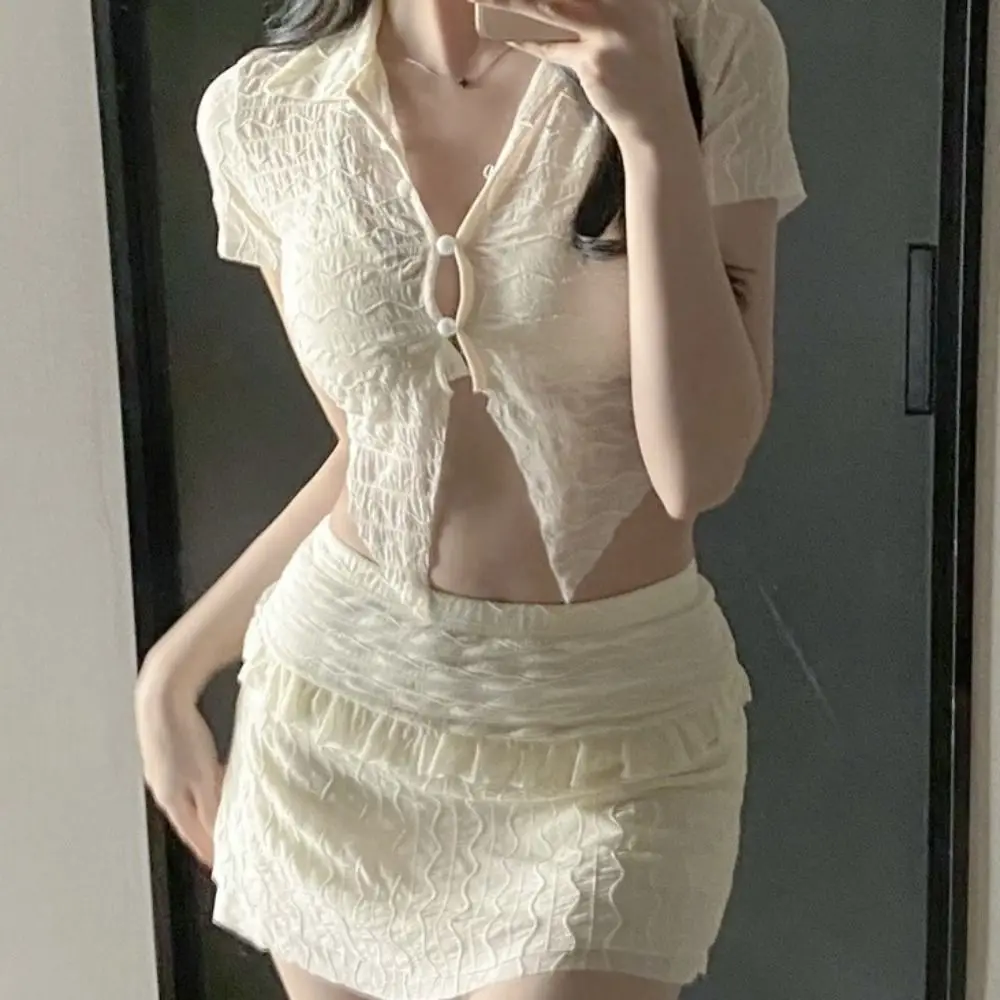 أزياء قصيرة الأكمام ثلاث قطع ملابس السباحة كشكش رفع بيكيني مجموعة التخسيس ملابس السباحة الصلبة