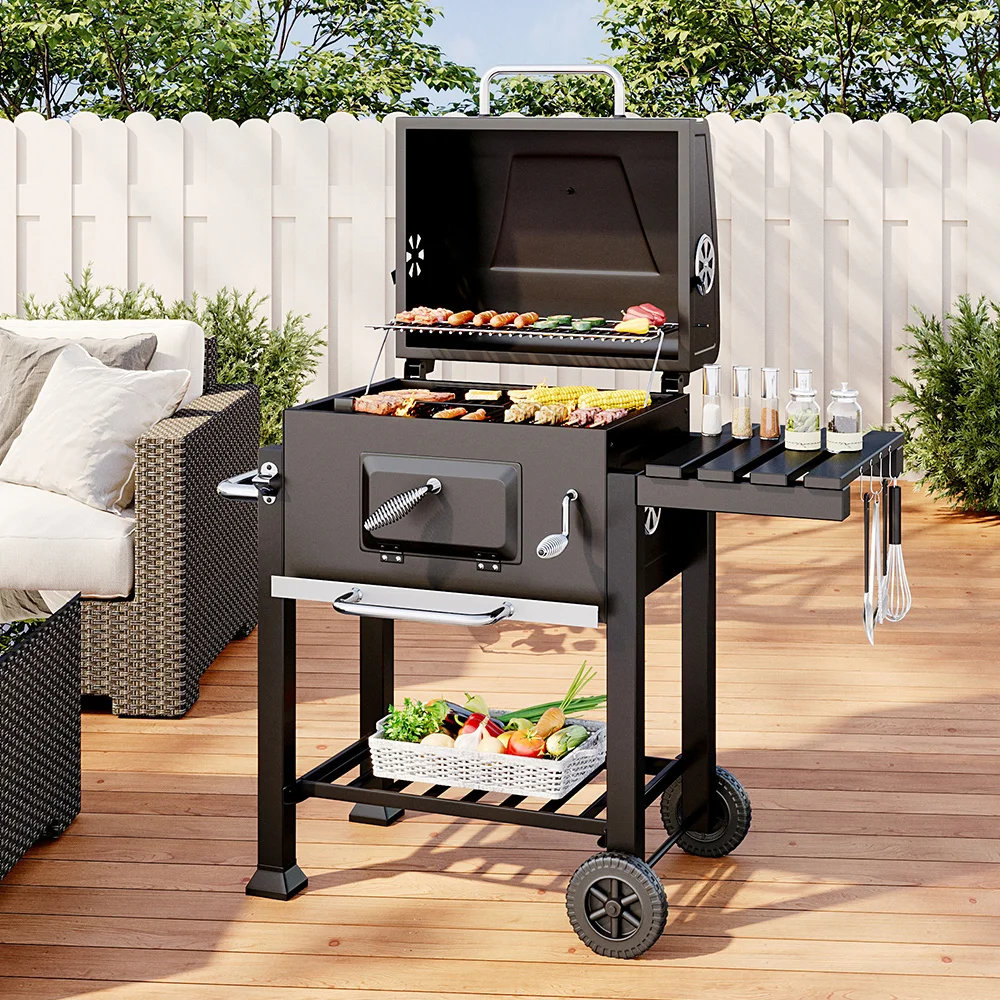 【Breeins】Charcoal Grill, Adjustable Charcoal Tray, Pull-out Ash Tray, Heavy Duty Barbecue Grill with Wheels