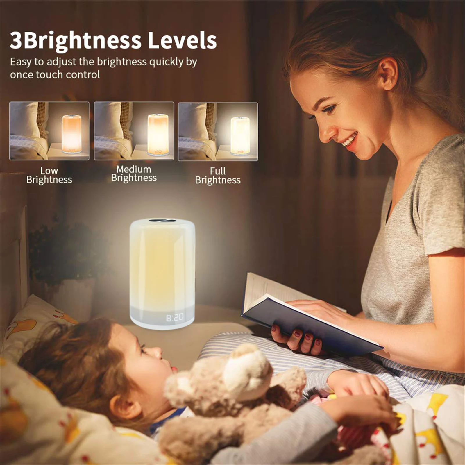 Sunrise Simulation Wake Up Light with 7 Color LED Touch Control Bedside Lamp with Alarm Clock for Kids Room