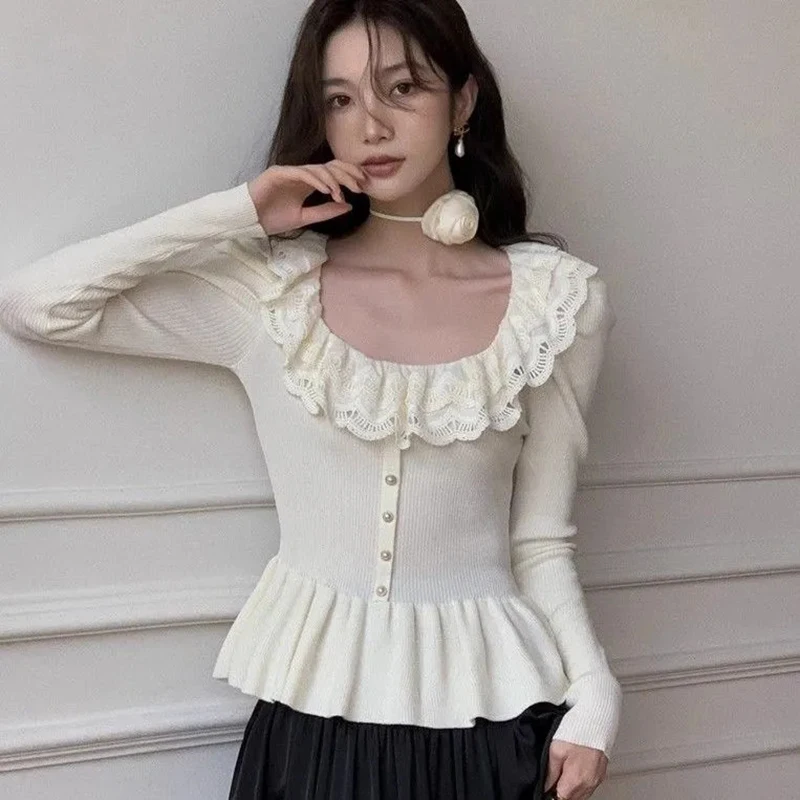 أنيقة الكشكشة متماسكة سترة المرأة الدانتيل المرقعة كم طويل سليم صالح البلوفرات الفرنسية شيك الخريف الشتاء عادية المحاصيل لاعبا