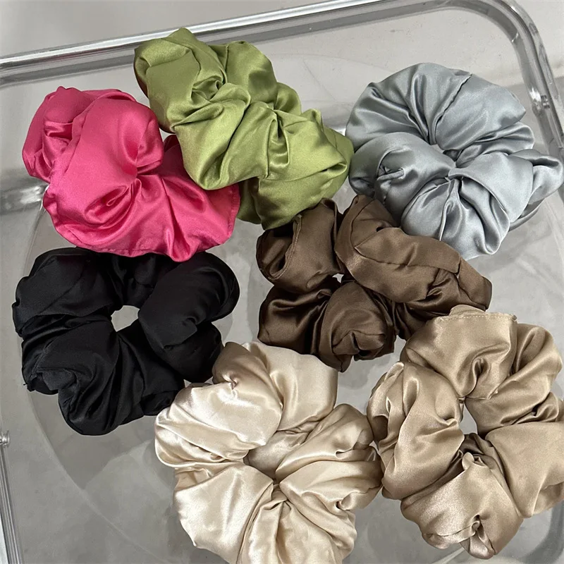 French Lazy Style Satin Pleated Scrunchie Headwear for Women 2024 Summer Korean Colored Ruffled Large Hair Band Hair Accessories