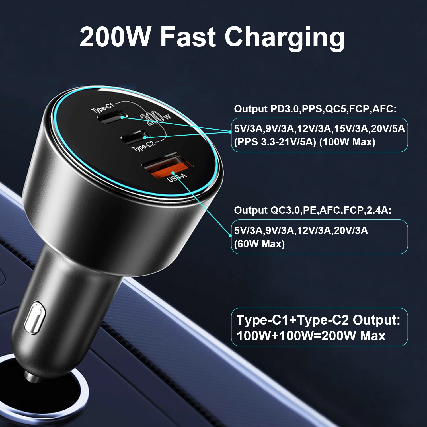 200W USB C Car Charger PD 100W Type-C Car Charger QC5 PPS 45W Super Fast Charging for MacBook Pro iPhone 15 Samsung S22 Laptops