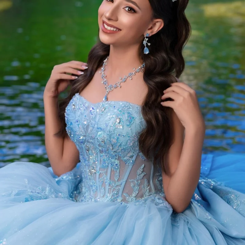 

Light Blue Quinceanera Dress off-shoulder Glitter Crystal 3D Flower Decal Long tail Bow vestidos de 15 Quinceanera ﻿Customize