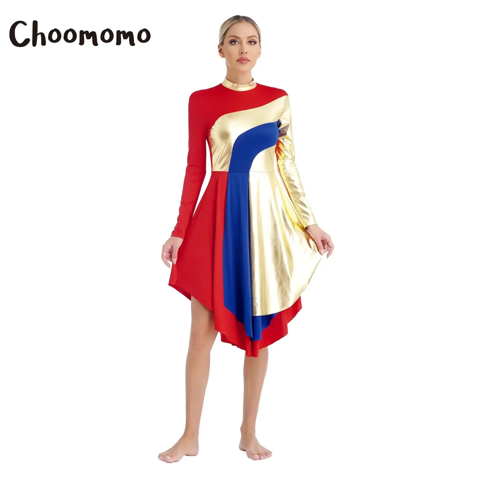 Womens Metallic Color Block High Low Praise Dance Dress Long Sleeve Church Liturgical Worship Costume Lyrical Dancewear