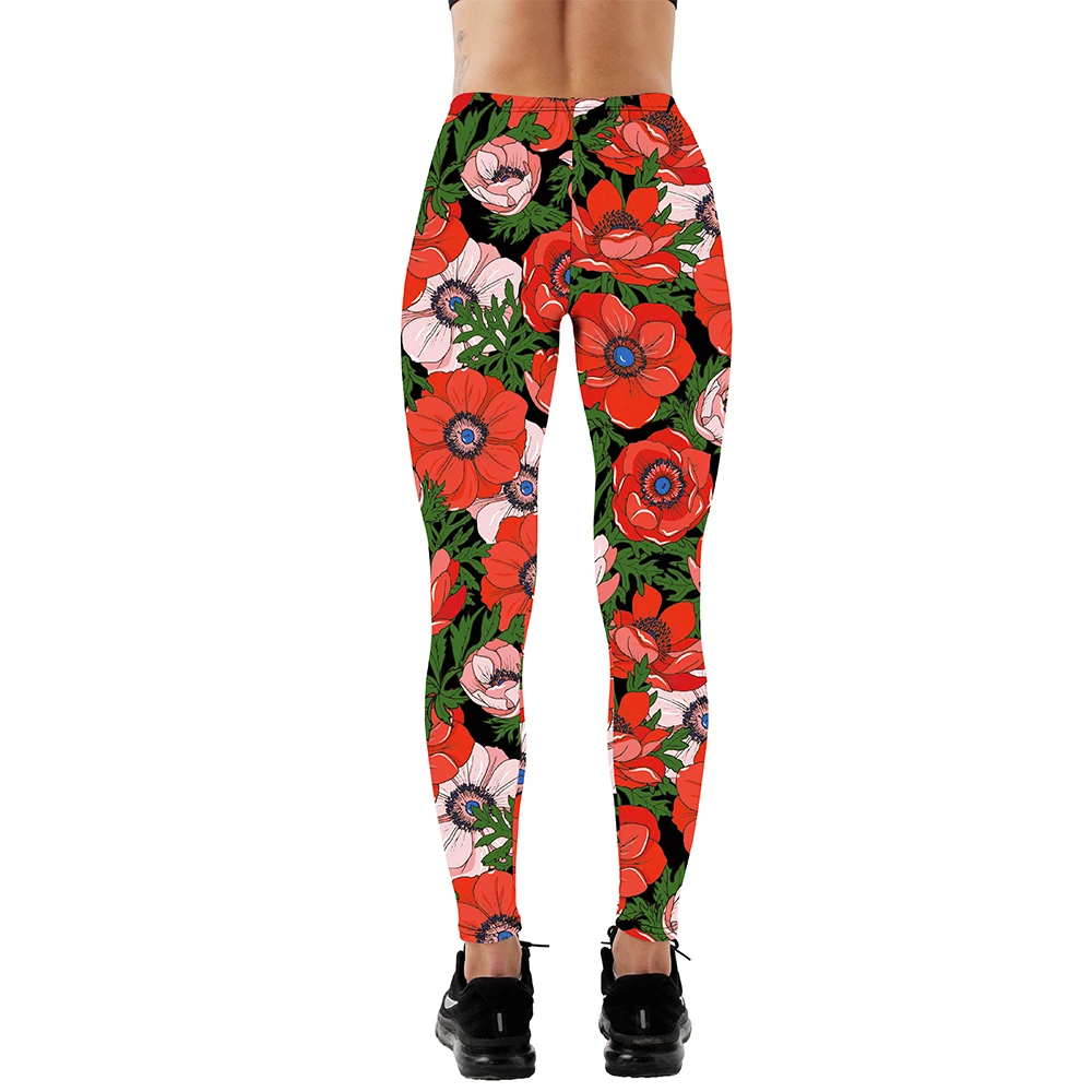 FCCEXIO Neue 3D Rote Tropische Blumen Druck Mädchen Leggings Hohe Taille Elastische Hosen Fitness Frauen Sport Leggings Weihnachten Geschenk