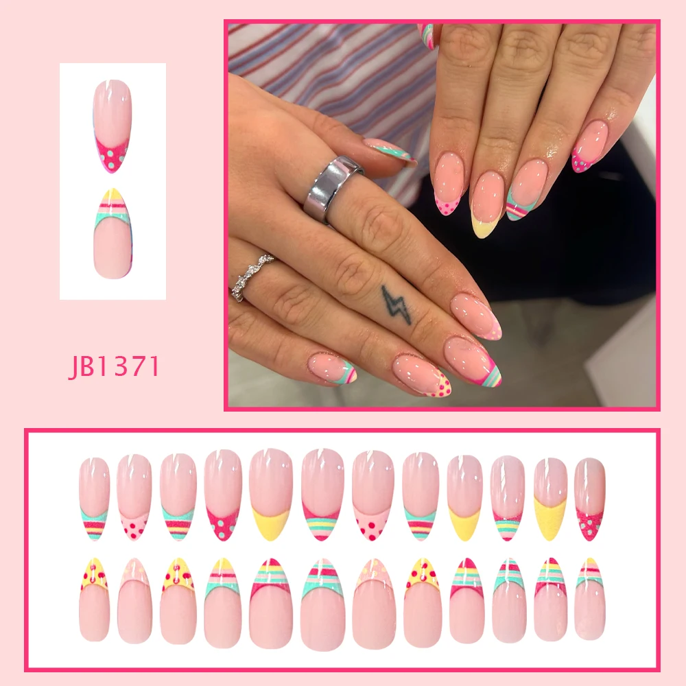 Medium Almond Press‑on Nails Nude Base Colorful French Tip Polka Dot False Nails Reusable Sweet Candy Fake Nails for Women