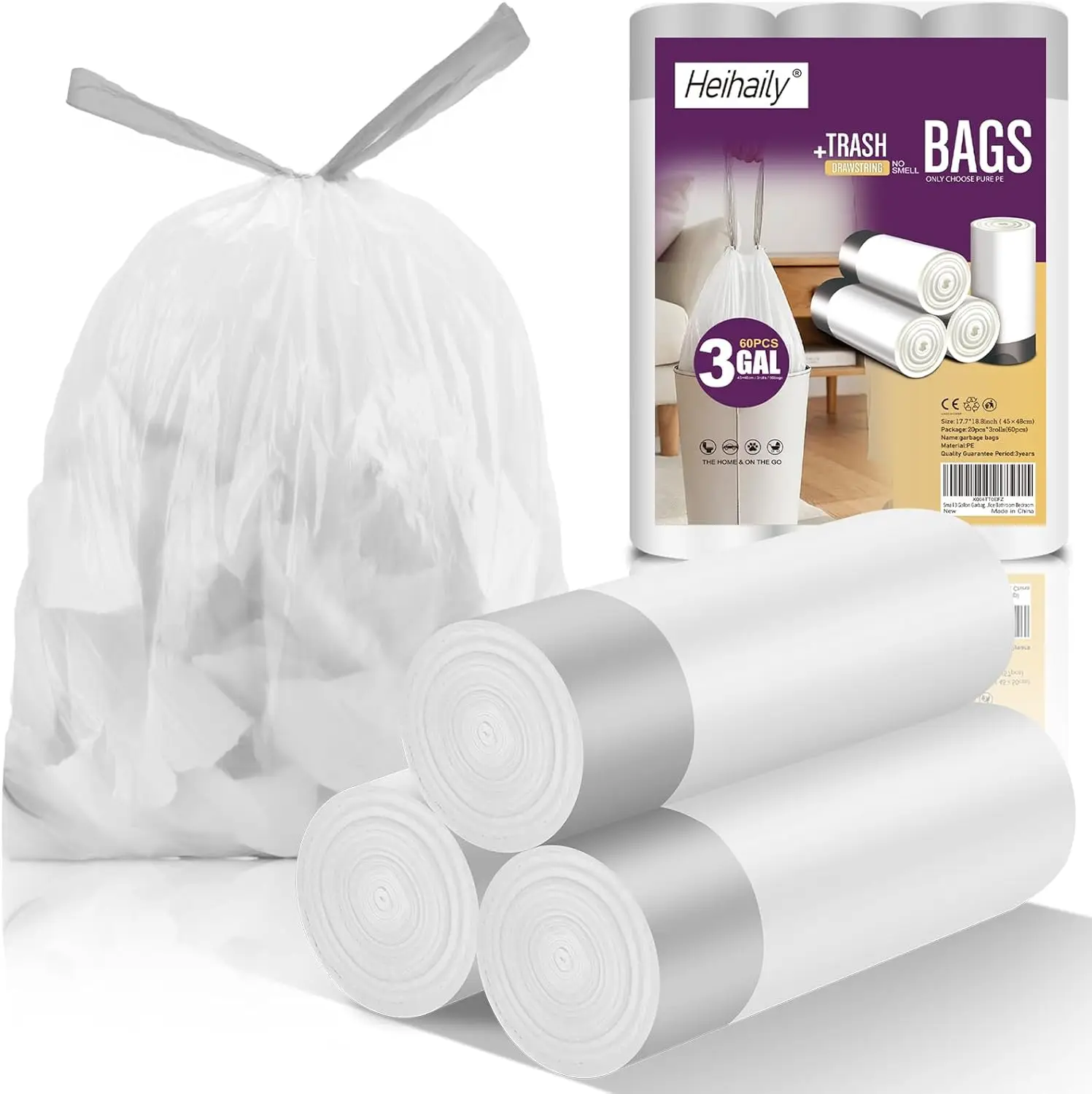 

Small 3 Gallon Garbage Bags 60 Counts Unscented Drawstring Kitchen Trash Bags Thick Disposable Clear White for Bathroom Office