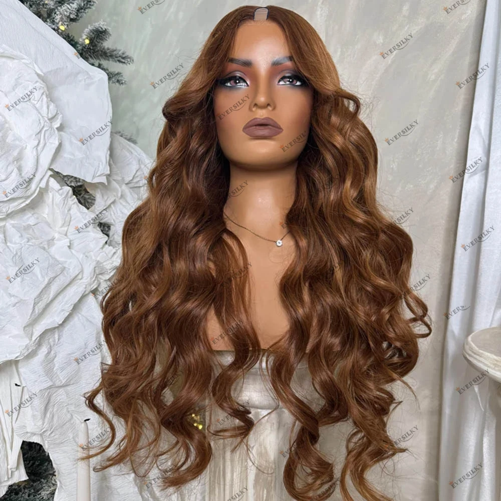 

30Inches Wavy Long Golden Brown Human Hair U Part Wigs Middle/Side Part 1x4 U Shape Opening Glueless Cheap Wigs V Part Wigs Remy