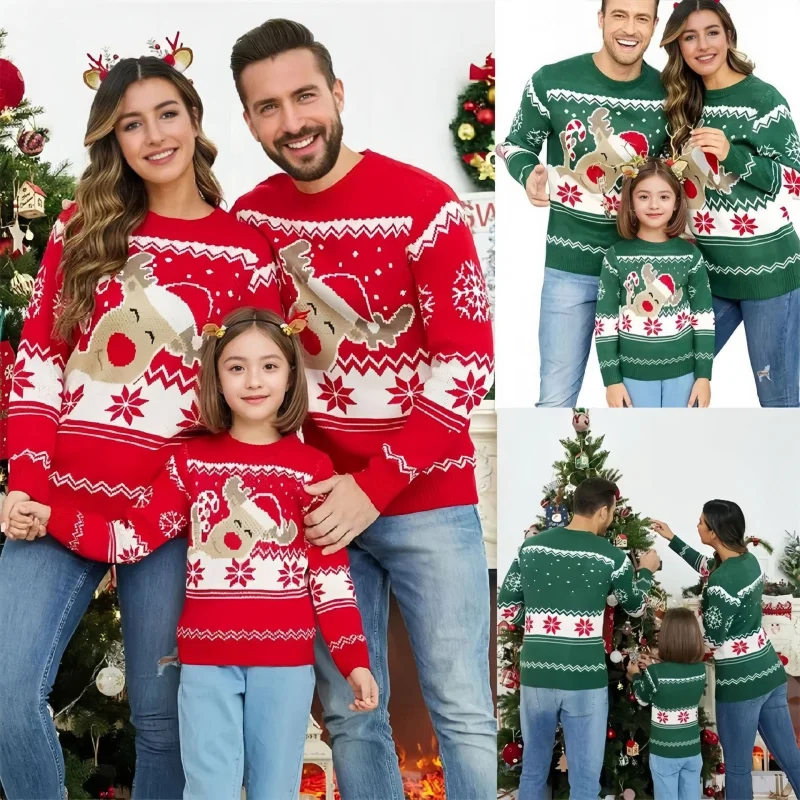 Christmas Mom Dad Daughter Son Knitted Sweater for Family Matching Clothes Outfits Adult Kids Elk Jacquard Pullover Sweaters