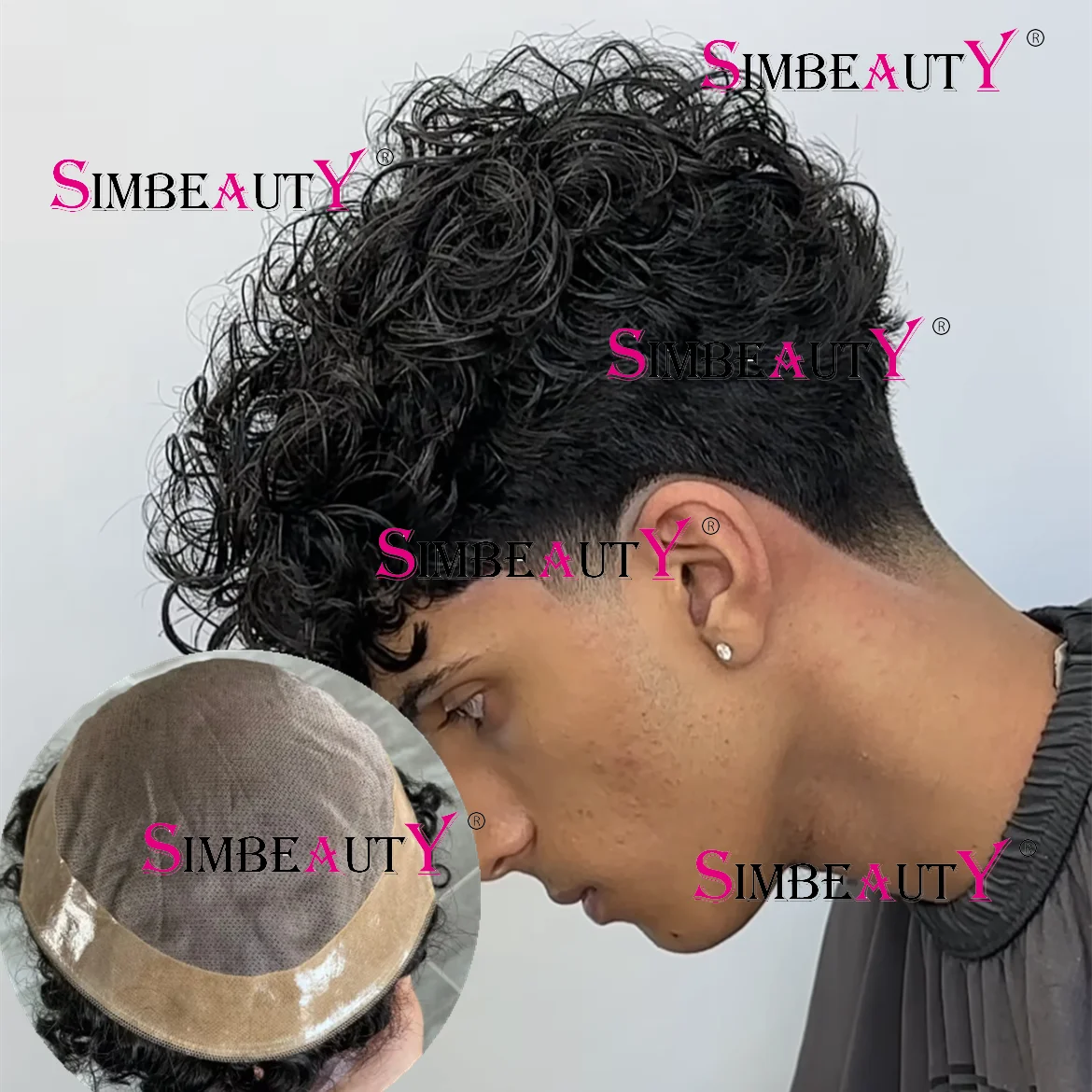 Men's Curly wig 20mm durable mono lace mens Toupee human hair wigBlack Brown hair pieces capillary prosthetic replacement system