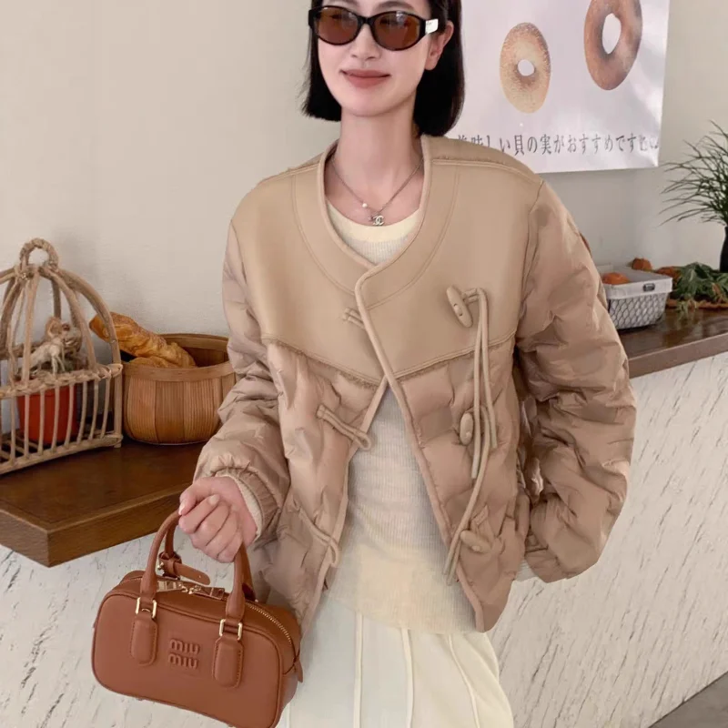 Jaqueta fina para mulheres, novo estilo de inverno, gola redonda, leve, patchwork, versátil, jaqueta curta elegante