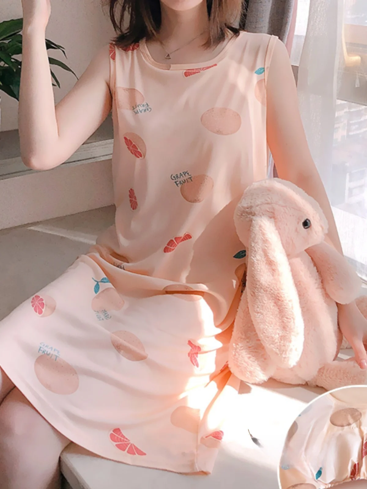 

Summer Cotton Blend Vest Strap Sleep Dress Women's Thin Sleeveless with Chest Pad Mid-Length Gown Cartoon Print round Neck