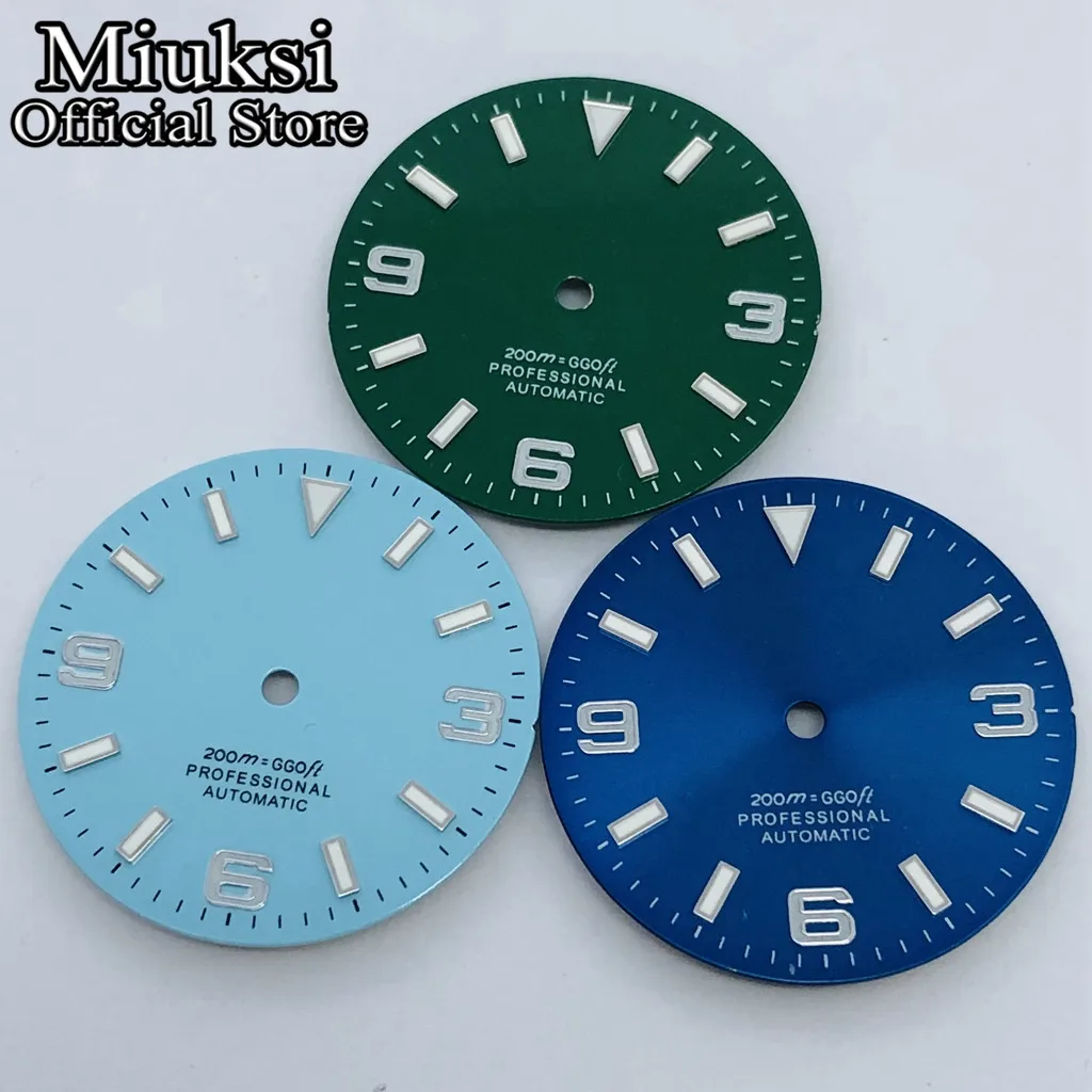 Miuksi 29mm black green yellow red silver orange watch dial luminous fit NH35 NH36 ETA2824 2836 Miyota8215 DG2813 3804 movement