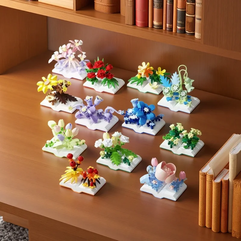 12 Styles Book Flower Building Block Set 83-120PCS Cool Fun Assembly Perfect Study Bedroom Decor Toy