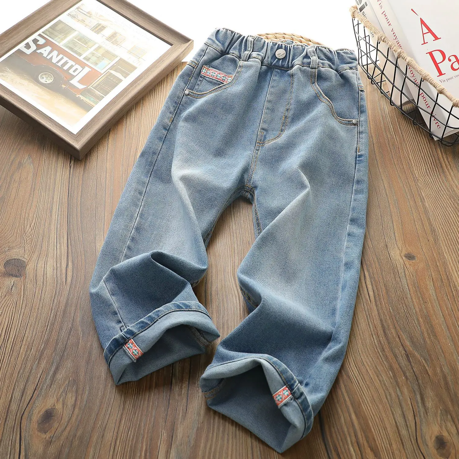 

Girls jeans high-elastic washed denim straight-leg pants Children's clothes Long 2024 autumn new