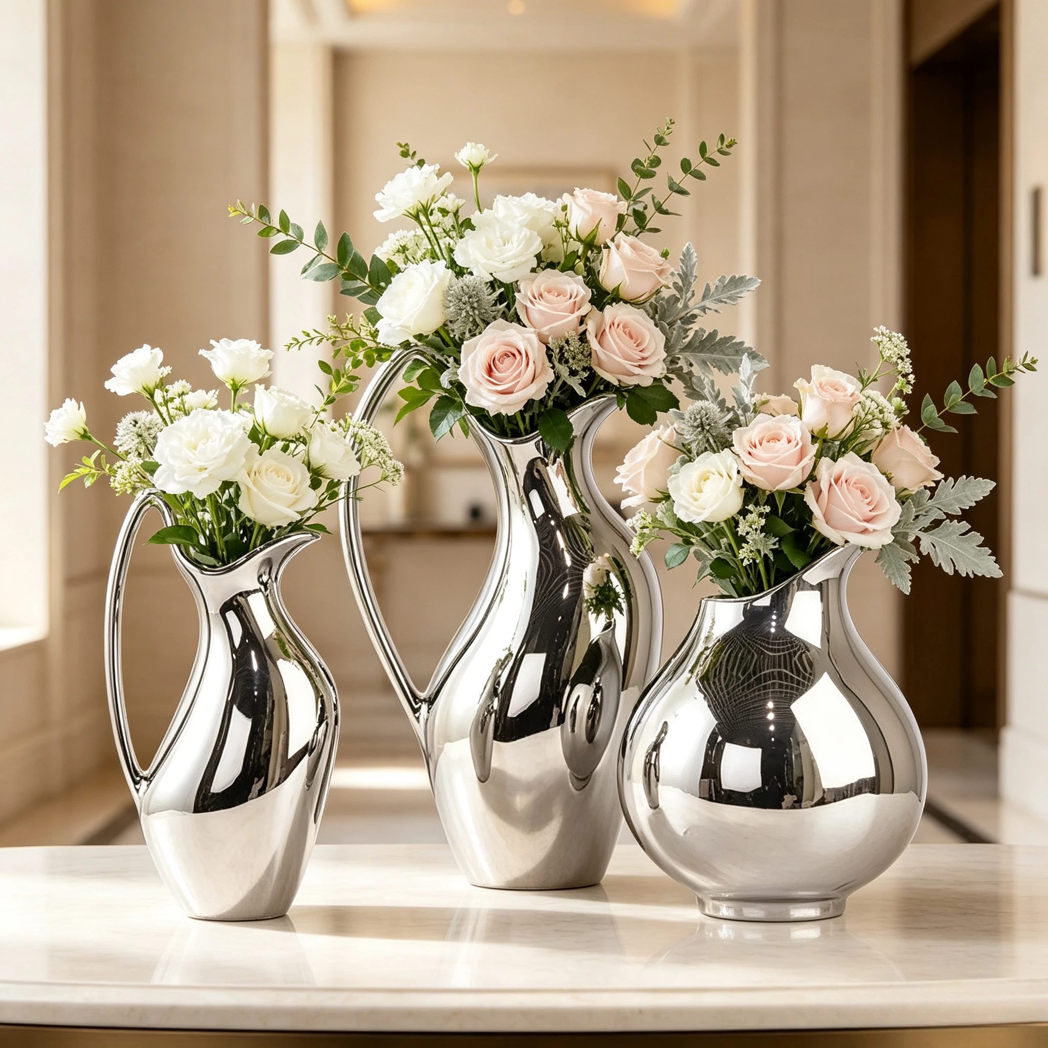 Ceramic Swan Neck Flower Vase Silver Finish Minimalist Style Tabletop TV Cabinet Home Decor Floral Arrangement Ornament