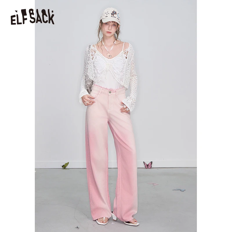 ELFSACK 2025 Spring New Arrivals Y2K Raw Edge High Waist Pink Gradient Jeans Women Sweet Wide Leg Pants