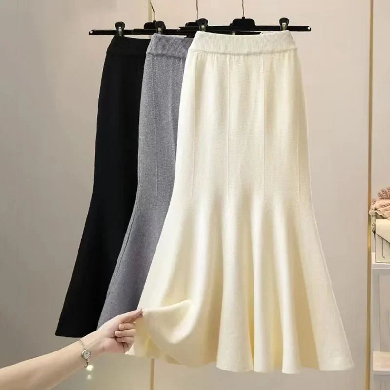

Lucyever Korean Style Bodycon Trumpet Skirt Woman Autumn Winter Knitted Long Skirt Women Elegant High Waist Package Hip Skirts
