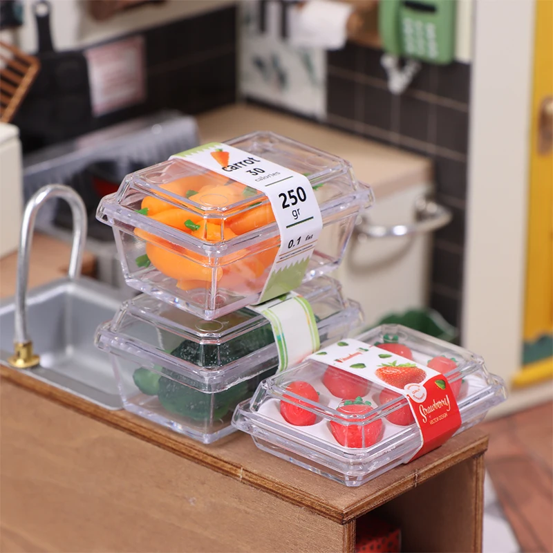 Accessoires pour maison de poupée 1/12, Mini supermarché, modèle de fruits et légumes avec boîte transparente, décoration alimentaire simulée pour maison de poupée