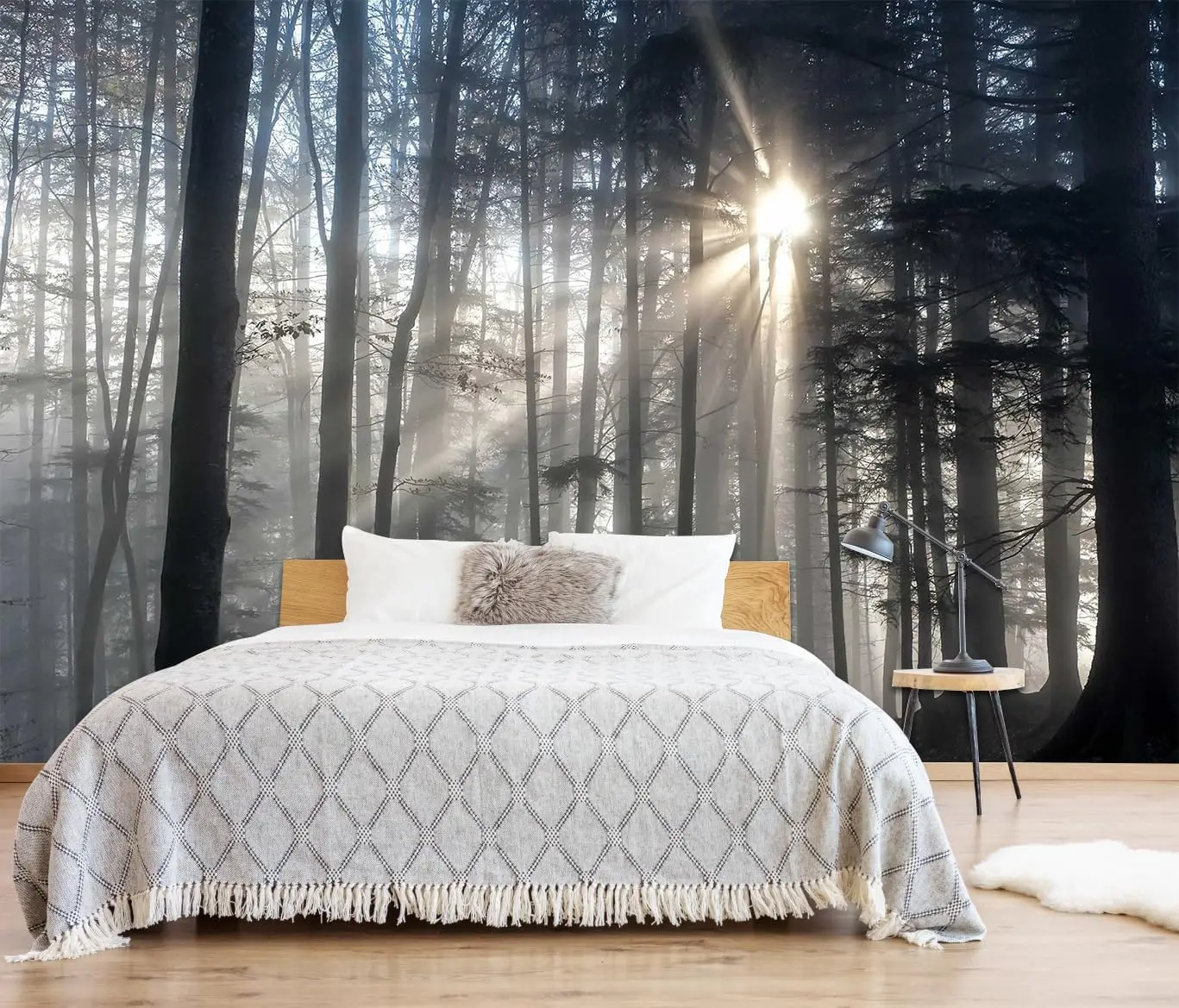 Atmospheric Forest Mural Tapestry Polyester Wall Art Sunlight Rays Woodland Nature Wallpaper Home Decor Decoration for Living Ro