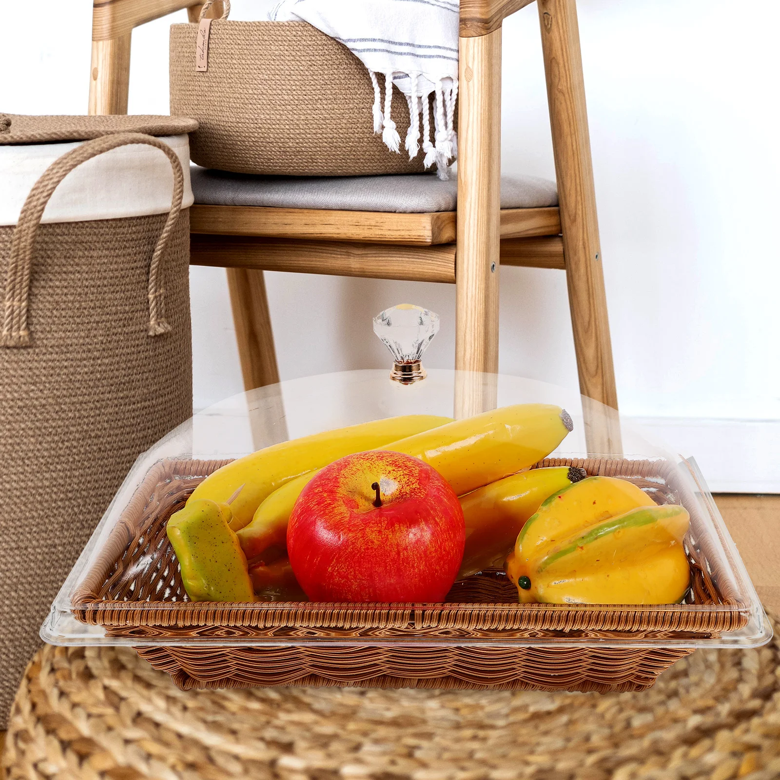 

1 Set Bread Basket With Lid Woven Food Storage Basket For Kitchen Restaurant Transparent Acrylic Cover Lightweight Fruit Dessert