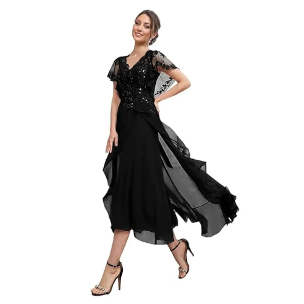 Customized Mother of The Bride Dresses for Women Tea Length V Neck Chiffon Appliques Lace Wedding Dress Formal Evening Gown