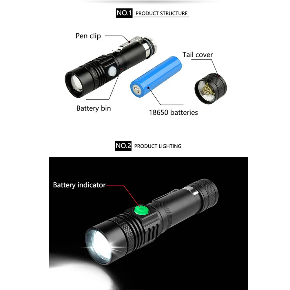 2000LM Mini LED Flashlight USB Rechargeable COB Torch Portable Lighting waterproof Zoomable 18650 Penlight  for Bicycle