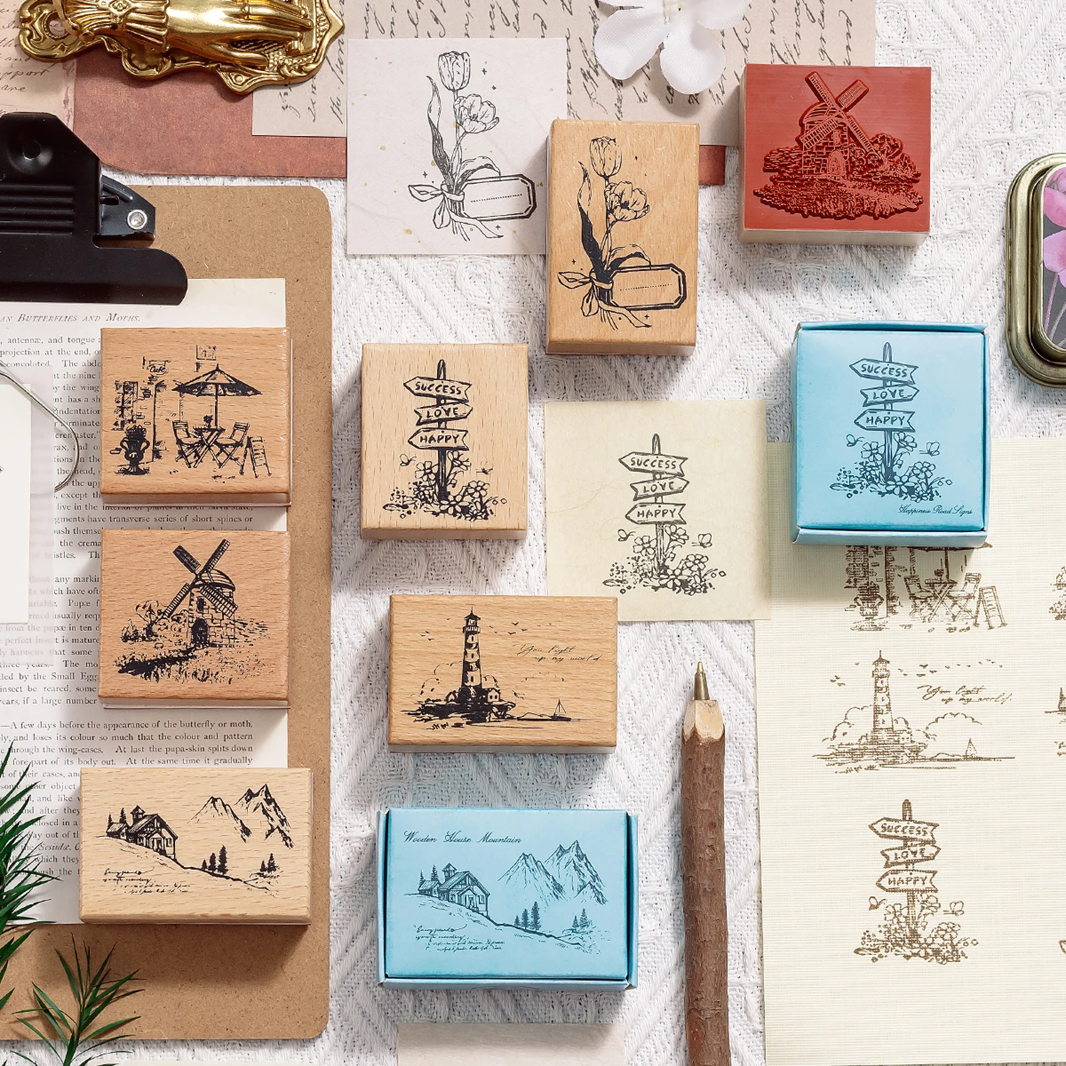 Vintage Wooden Rubber Stamps, Retro Scenery Lighthouse Floral Pattern For Scrapbooking Journal Diary Diy Craft Decor