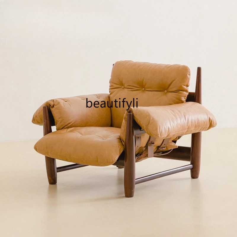 

Nordic Retro Living Room Solid Wood Leather Art Lounge Sofa Chair Middle Ancient Single Cloud Sofa Leisure Chair