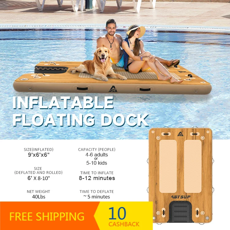 Factory Custom 9'x6' 12'x6' Drop Stitch Inflatable Floating Dock Platform High‑Capacity With Integrated Dog Ramp Outdoor
