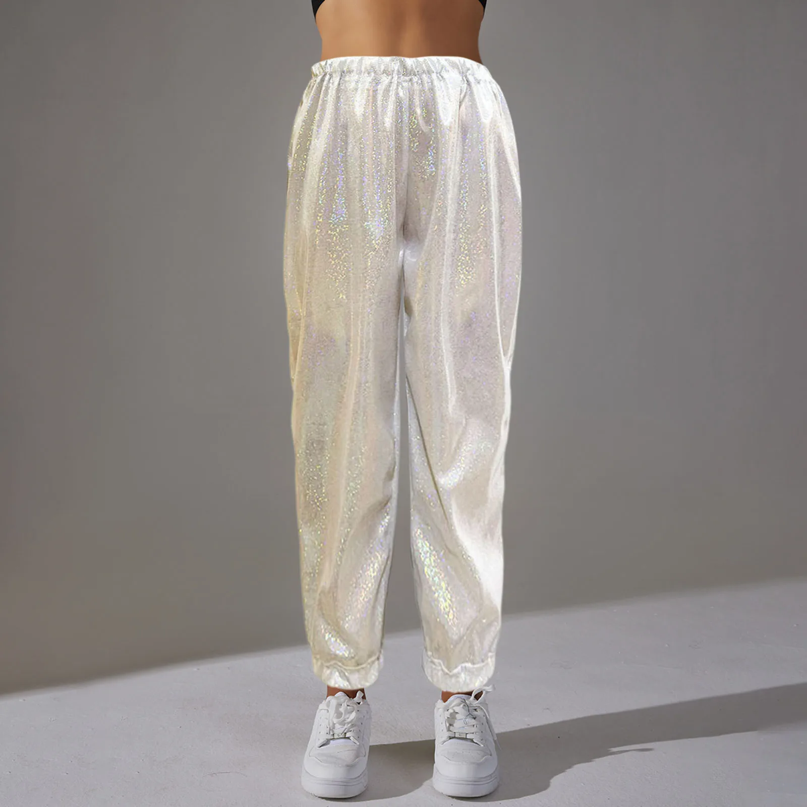 

Ladies Glitter Straight Trousers Stage Performance Clothing Elastic High Waist Dance Trousers Sequins Shiny Female Party Pants