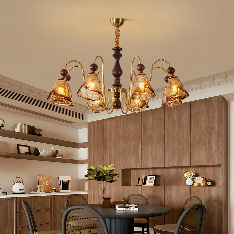 ثريا غرفة المعيشة الفرنسية، ضوء قلادة جديد من الخشب الصلب لغرفة النوم الرئيسية وغرفة الطعام، تركيبات زجاجية