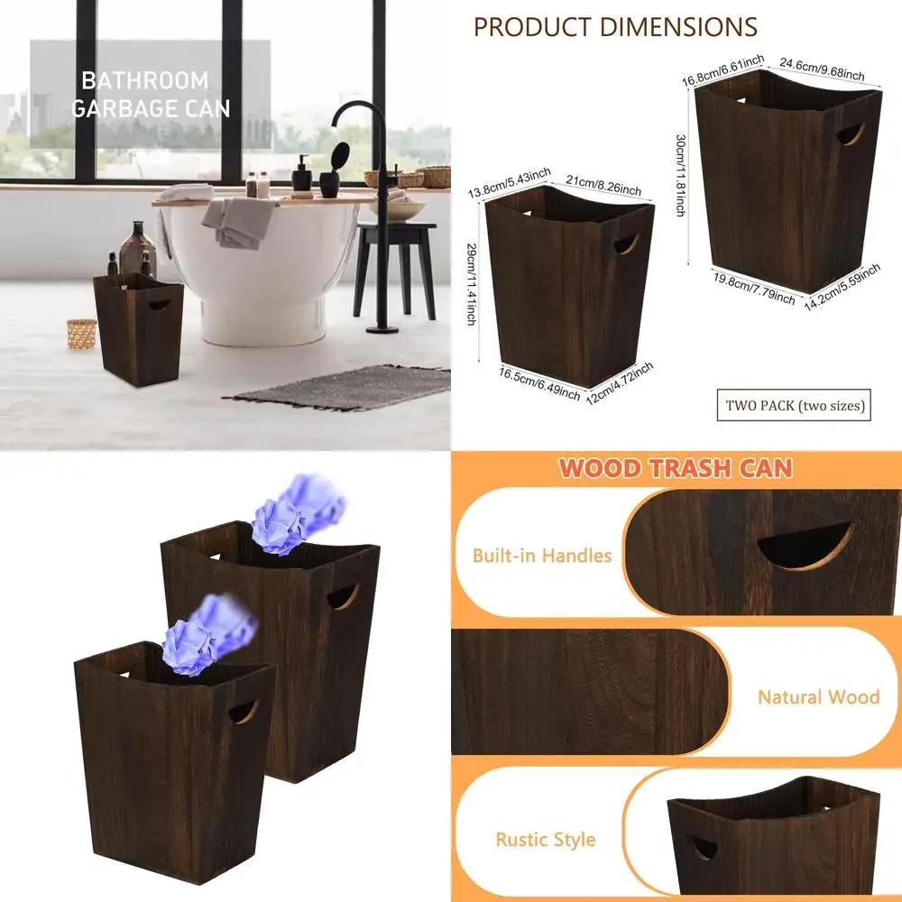 

Wooden Farmhouse-Style Trash Bin - Decorative Waste Basket for Home Office, Distressed Brown